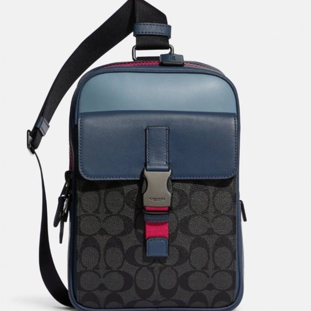 Coach Men’s Navy, Light Blue & Pink Signature Messenger Sling